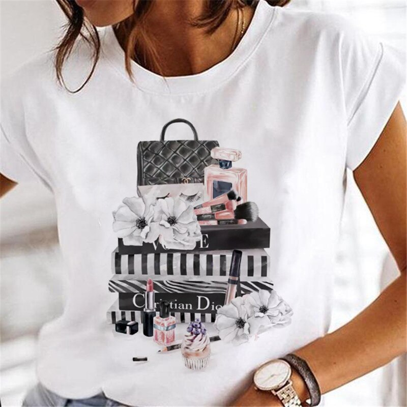 T-shirts Sweet Wine Print Girl 90s Cartoon Printing Clothes