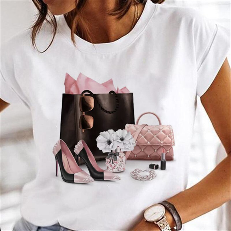 T-shirts Sweet Wine Print Girl 90s Cartoon Printing Clothes