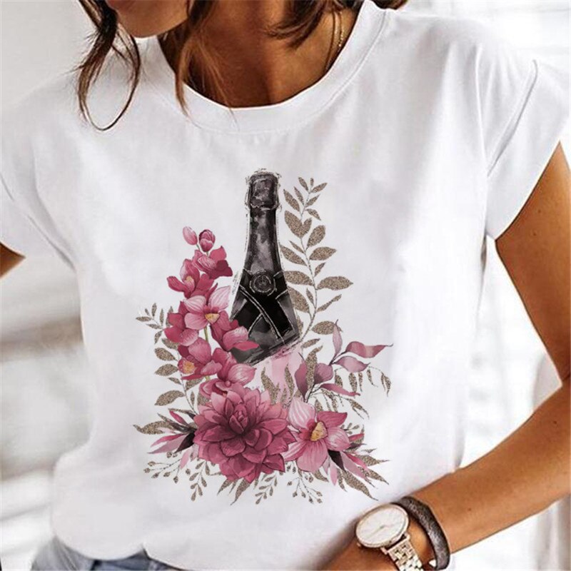 T-shirts Sweet Wine Print Girl 90s Cartoon Printing Clothes