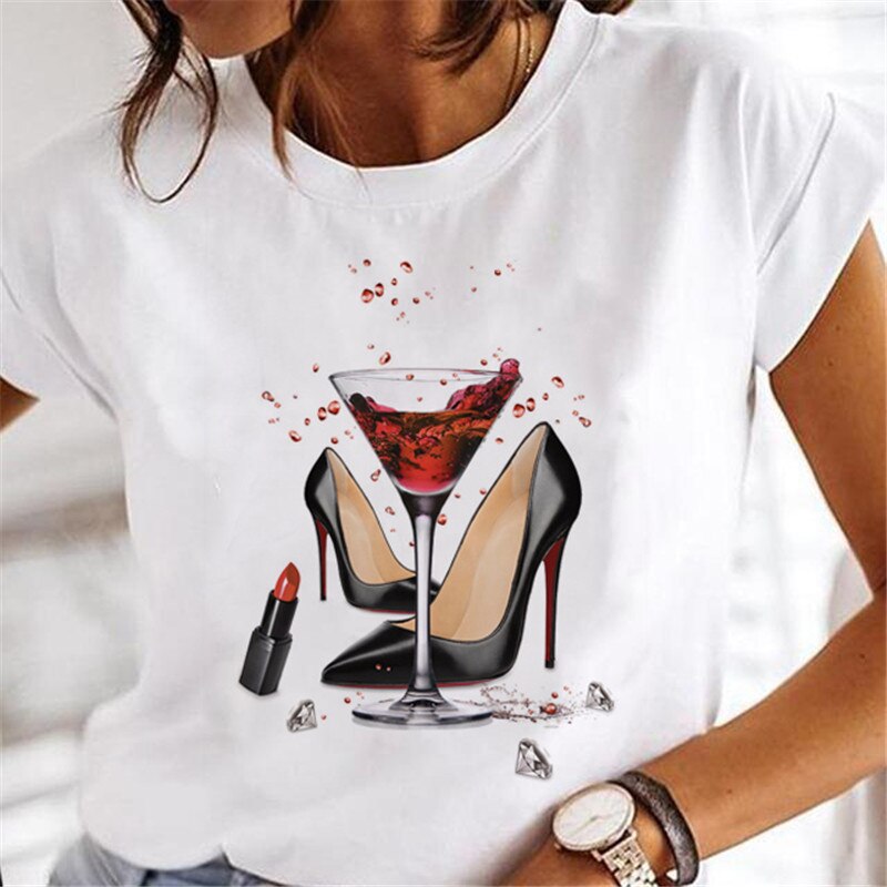 T-shirts Sweet Wine Print Girl 90s Cartoon Printing Clothes