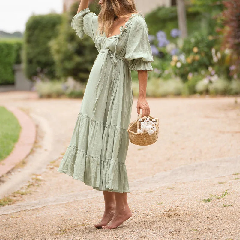 FashionSierra-100% Cotton Vintage Off Shoulder Long For Robe Casual Lace Up Loose Summer Solid Ruffles Vestidos Boho Dress