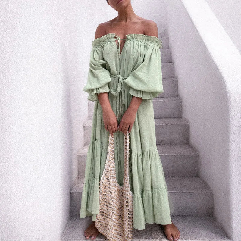 FashionSierra-100% Cotton Vintage Off Shoulder Long For Robe Casual Lace Up Loose Summer Solid Ruffles Vestidos Boho Dress
