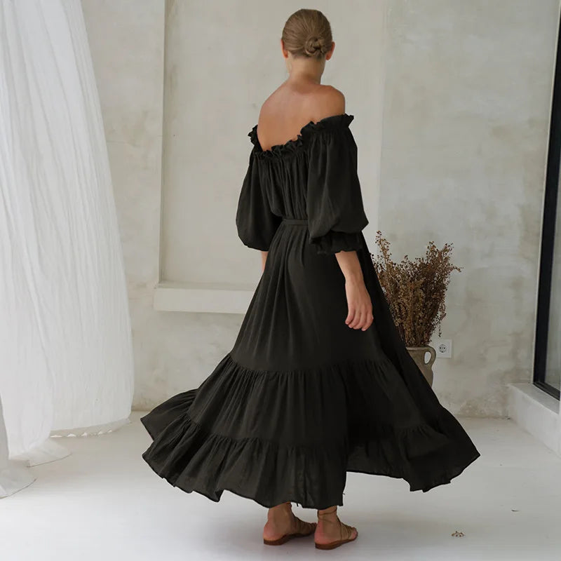 FashionSierra-100% Cotton Vintage Off Shoulder Long For Robe Casual Lace Up Loose Summer Solid Ruffles Vestidos Boho Dress
