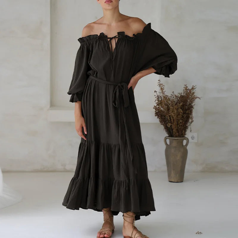 FashionSierra-100% Cotton Vintage Off Shoulder Long For Robe Casual Lace Up Loose Summer Solid Ruffles Vestidos Boho Dress