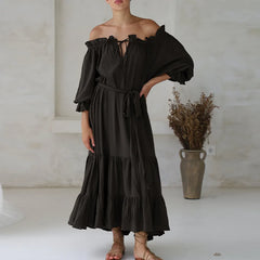 FashionSierra-100% Cotton Vintage Off Shoulder Long For Robe Casual Lace Up Loose Summer Solid Ruffles Vestidos Boho Dress