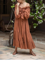 FashionSierra-100% Cotton Vintage Off Shoulder Long For Robe Casual Lace Up Loose Summer Solid Ruffles Vestidos Boho Dress