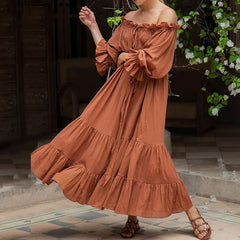 FashionSierra-100% Cotton Vintage Off Shoulder Long For Robe Casual Lace Up Loose Summer Solid Ruffles Vestidos Boho Dress
