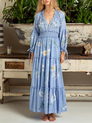 FashionSierra-Blue  Floral Embroidery  Casual  Deep V  Long Sleeve  Vintage  Loose  Ruffles Boho Dress