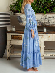 FashionSierra-Blue  Floral Embroidery  Casual  Deep V  Long Sleeve  Vintage  Loose  Ruffles Boho Dress