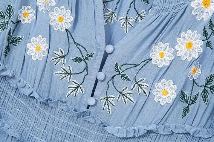FashionSierra-Blue  Floral Embroidery  Casual  Deep V  Long Sleeve  Vintage  Loose  Ruffles Boho Dress