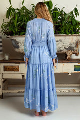 FashionSierra-Blue  Floral Embroidery  Casual  Deep V  Long Sleeve  Vintage  Loose  Ruffles Boho Dress