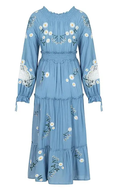 FashionSierra-Blue  Floral Embroidery  Casual  Deep V  Long Sleeve  Vintage  Loose  Ruffles Boho Dress