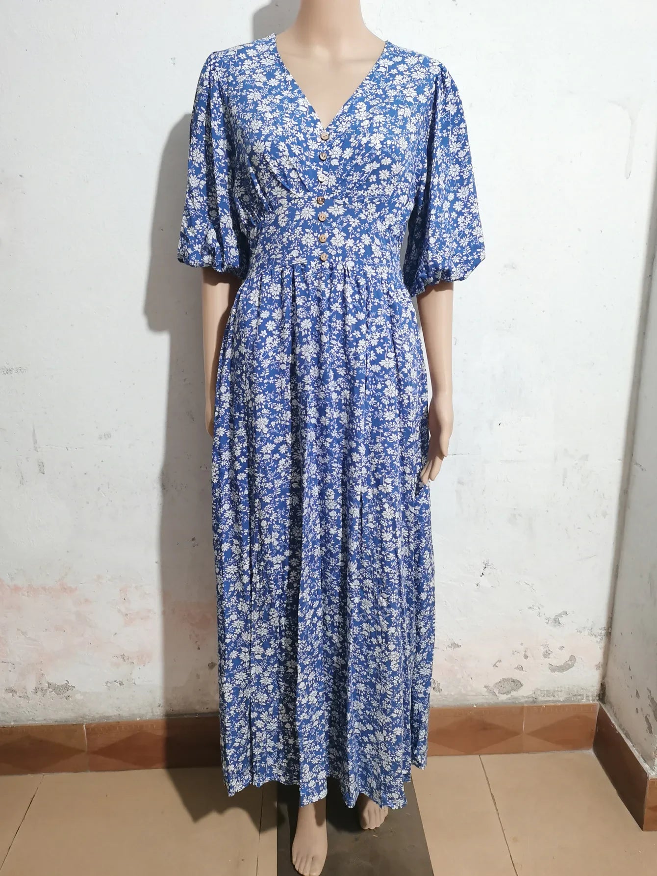 FashionSierra-Beach Half Puff Sleeve Maxi Robe Vintage Rayon Cotton Floral Print Long Summer Ladies Boho Dress