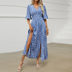FashionSierra-Beach Half Puff Sleeve Maxi Robe Vintage Rayon Cotton Floral Print Long Summer Ladies Boho Dress