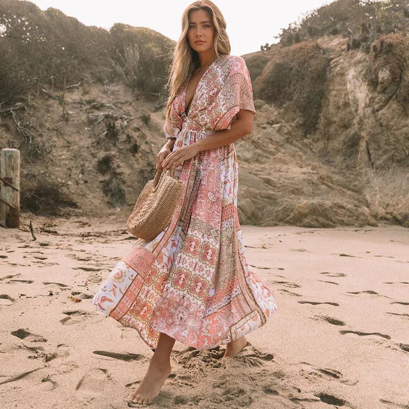FashionSierra-Floral Printed Cover-Ups Casual Deep V Neck Elastic Waist Short Sleeve Summer Long Beach Boho Dress