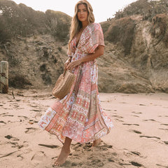 FashionSierra-Floral Printed Cover-Ups Casual Deep V Neck Elastic Waist Short Sleeve Summer Long Beach Boho Dress