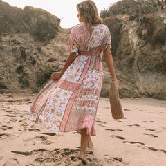 FashionSierra-Floral Printed Cover-Ups Casual Deep V Neck Elastic Waist Short Sleeve Summer Long Beach Boho Dress