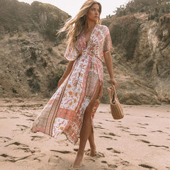 FashionSierra-Floral Printed Cover-Ups Casual Deep V Neck Elastic Waist Short Sleeve Summer Long Beach Boho Dress