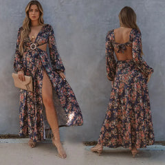FashionSierra-Long Sleeve Loose Vintage Floral Print Summer Beach Wear High Waist Backless Vestidos Boho Dress