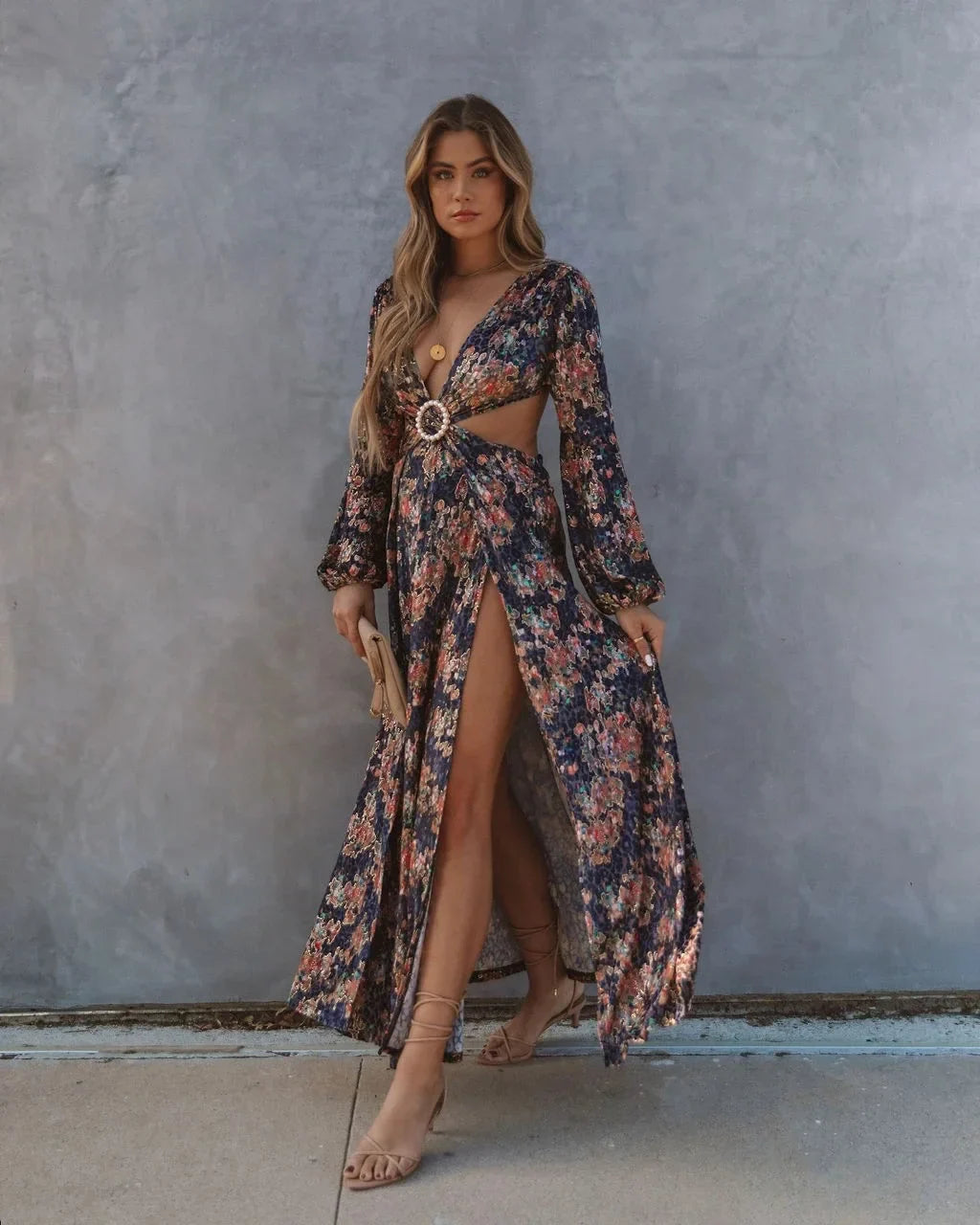 FashionSierra-Long Sleeve Loose Vintage Floral Print Summer Beach Wear High Waist Backless Vestidos Boho Dress