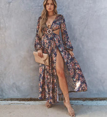 FashionSierra-Long Sleeve Loose Vintage Floral Print Summer Beach Wear High Waist Backless Vestidos Boho Dress