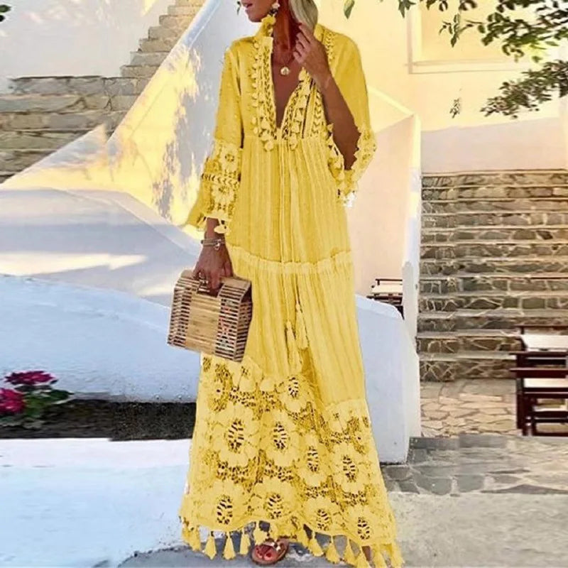FashionSierra-Long Sleeve Tassel Vintage Floral Embroidery Beach Wear Summer Casual Lace Vestidos Boho Dress