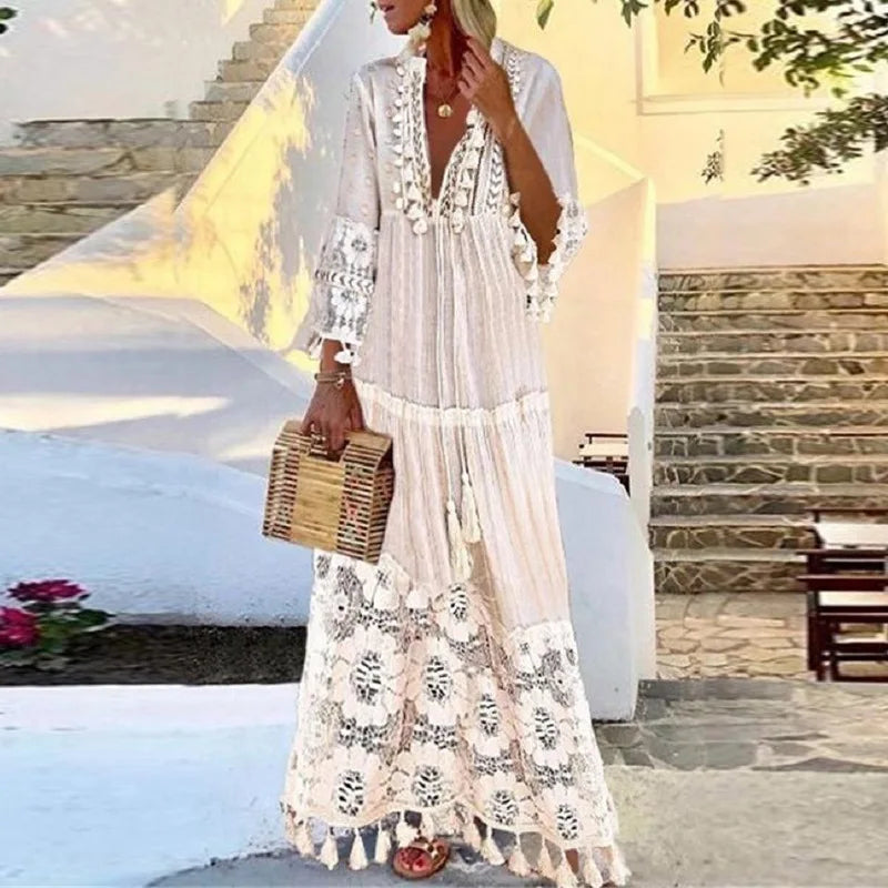 FashionSierra-Long Sleeve Tassel Vintage Floral Embroidery Beach Wear Summer Casual Lace Vestidos Boho Dress