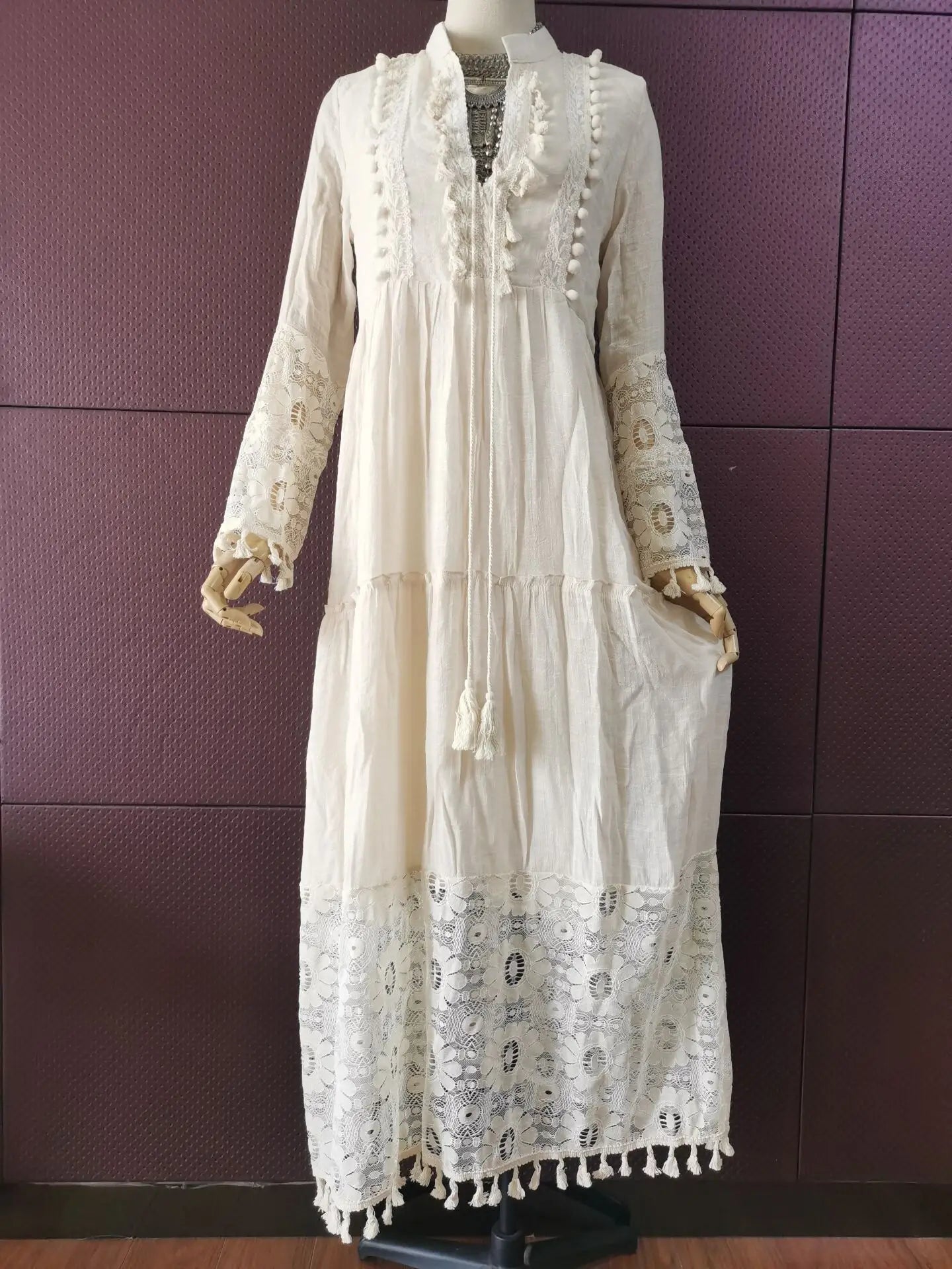 FashionSierra-Long Sleeve Tassel Vintage Floral Embroidery Beach Wear Summer Casual Lace Vestidos Boho Dress