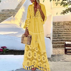 FashionSierra-Long Sleeve Tassel Vintage Floral Embroidery Beach Wear Summer Casual Lace Vestidos Boho Dress