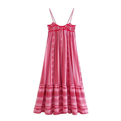 FashionSierra-Pink  Spliced  Crochet Strap   Robe  Vintage  Sleeveless  Backless  Summer  Maxi  Loose  Beach Wear Boho Dress