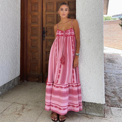 FashionSierra-Pink  Spliced  Crochet Strap   Robe  Vintage  Sleeveless  Backless  Summer  Maxi  Loose  Beach Wear Boho Dress