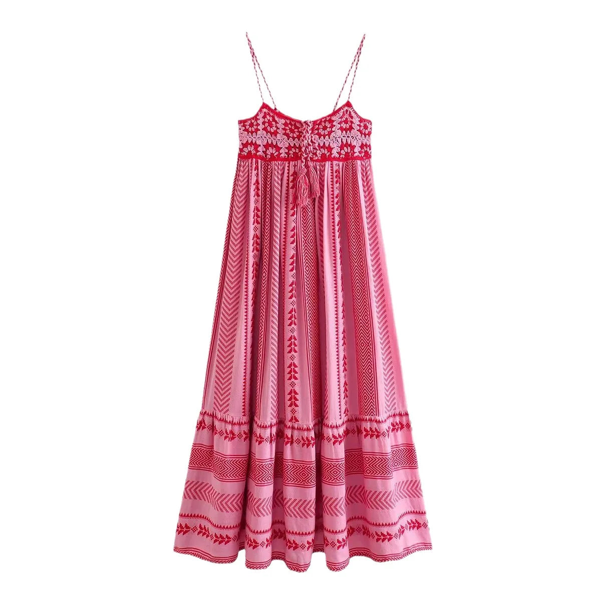 FashionSierra-Pink  Spliced  Crochet Strap   Robe  Vintage  Sleeveless  Backless  Summer  Maxi  Loose  Beach Wear Boho Dress