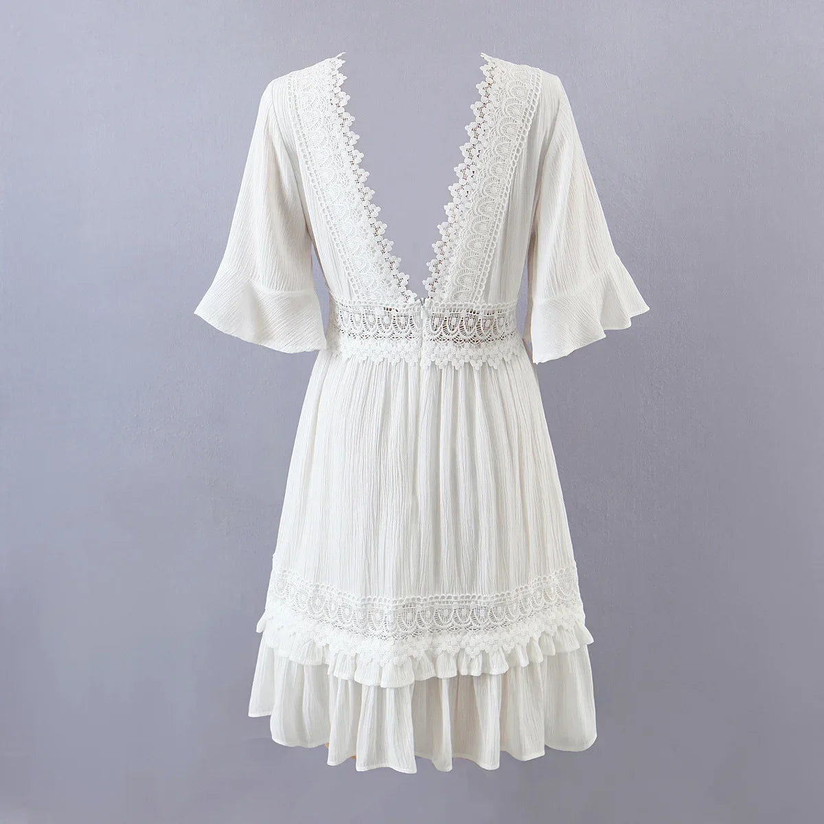 FashionSierra-White Lace Mini For Robe Deep V Short Ruffles Sleeve Summer Party Casual Beach Vestidos Boho Dress
