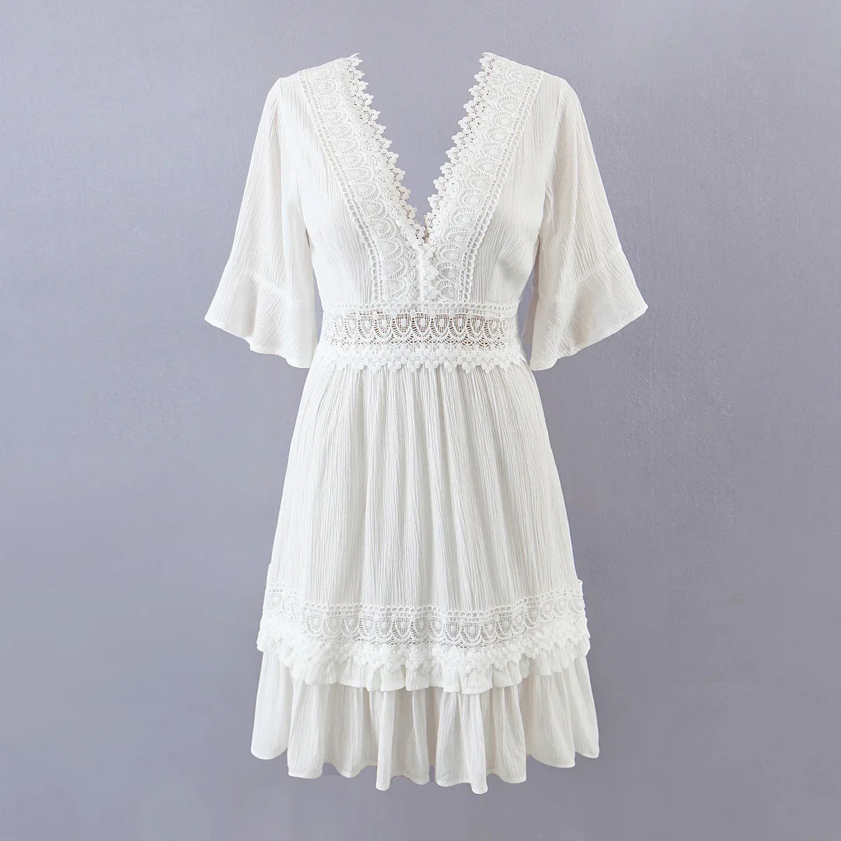 FashionSierra-White Lace Mini For Robe Deep V Short Ruffles Sleeve Summer Party Casual Beach Vestidos Boho Dress