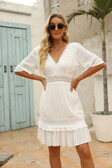 FashionSierra-White Lace Mini For Robe Deep V Short Ruffles Sleeve Summer Party Casual Beach Vestidos Boho Dress