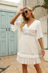 FashionSierra-White Lace Mini For Robe Deep V Short Ruffles Sleeve Summer Party Casual Beach Vestidos Boho Dress