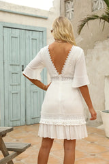 FashionSierra-White Lace Mini For Robe Deep V Short Ruffles Sleeve Summer Party Casual Beach Vestidos Boho Dress