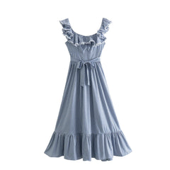 FashionSierra-Butterfly Sleeve Blue Plaid For Vintage Cotton Rayon Summer Long Party Ladies Vestidos Boho Dress