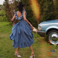 FashionSierra-Butterfly Sleeve Blue Plaid For Vintage Cotton Rayon Summer Long Party Ladies Vestidos Boho Dress