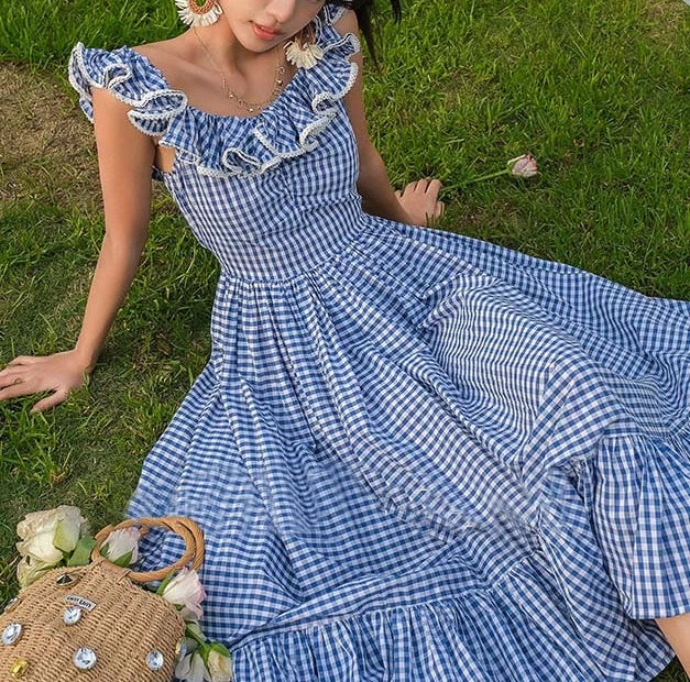 FashionSierra-Butterfly Sleeve Blue Plaid For Vintage Cotton Rayon Summer Long Party Ladies Vestidos Boho Dress