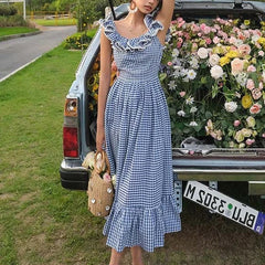 FashionSierra-Butterfly Sleeve Blue Plaid For Vintage Cotton Rayon Summer Long Party Ladies Vestidos Boho Dress