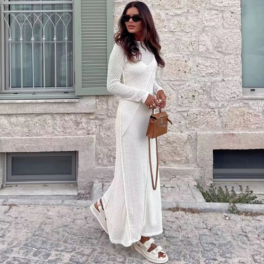FashionSierra-Casual O-neck Long Sleeve Knitted Maxi Robe Backless Long Sleeve Autumn Beach Vestidos Boho Dress
