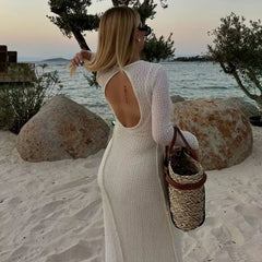 FashionSierra-Casual O-neck Long Sleeve Knitted Maxi Robe Backless Long Sleeve Autumn Beach Vestidos Boho Dress