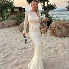 FashionSierra-Casual O-neck Long Sleeve Knitted Maxi Robe Backless Long Sleeve Autumn Beach Vestidos Boho Dress