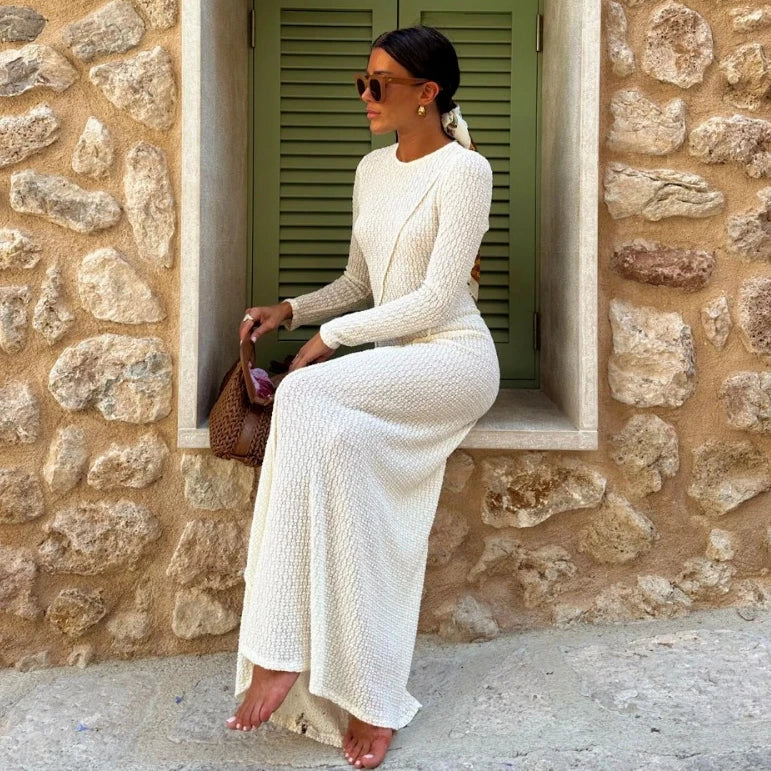 FashionSierra-Casual O-neck Long Sleeve Knitted Maxi Robe Backless Long Sleeve Autumn Beach Vestidos Boho Dress