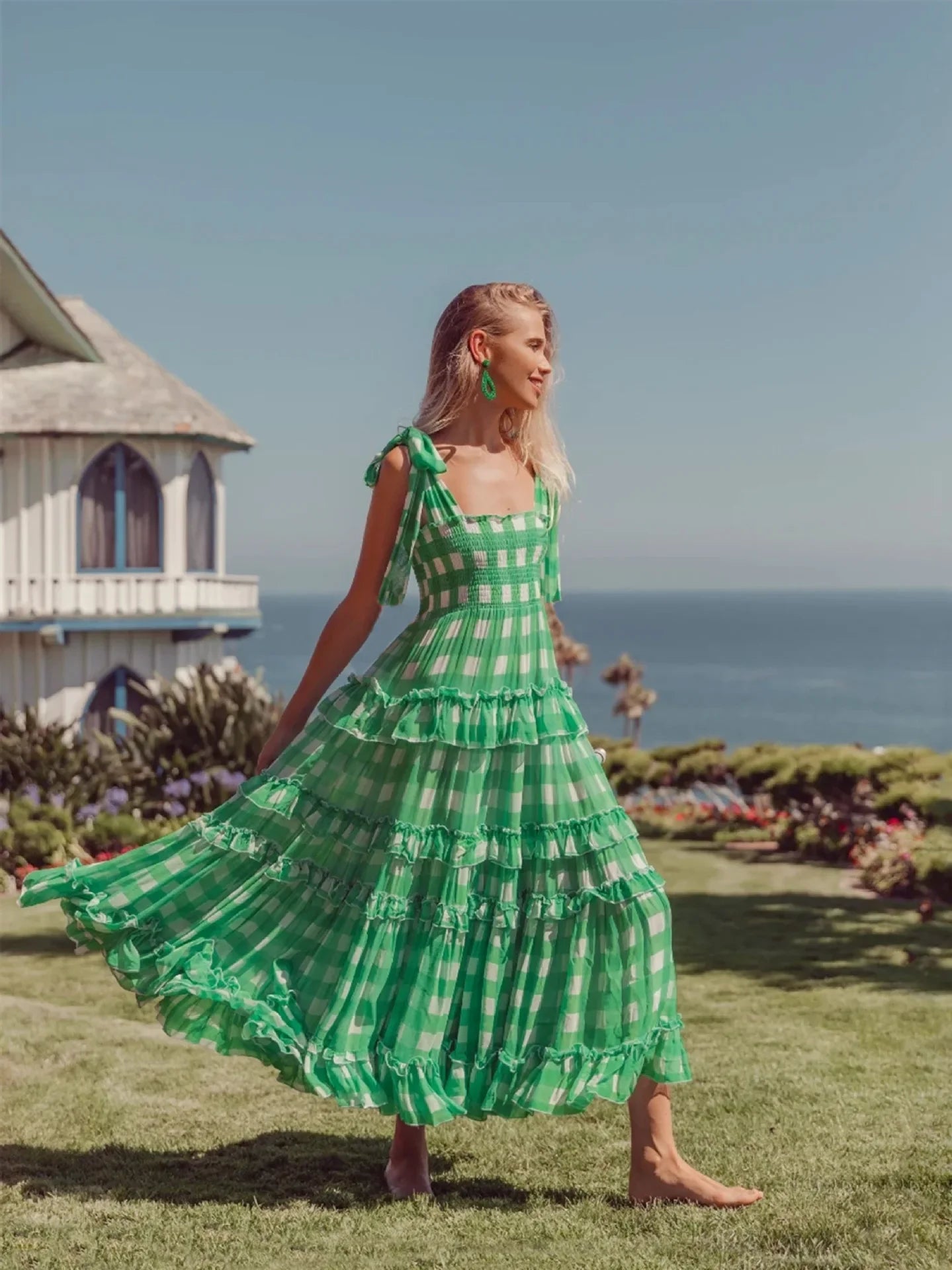 FashionSierra-Casual Square Collar Plaid for Vintage High Waist Ruffles Summer Sleeveless Long Vestidos Boho Dress