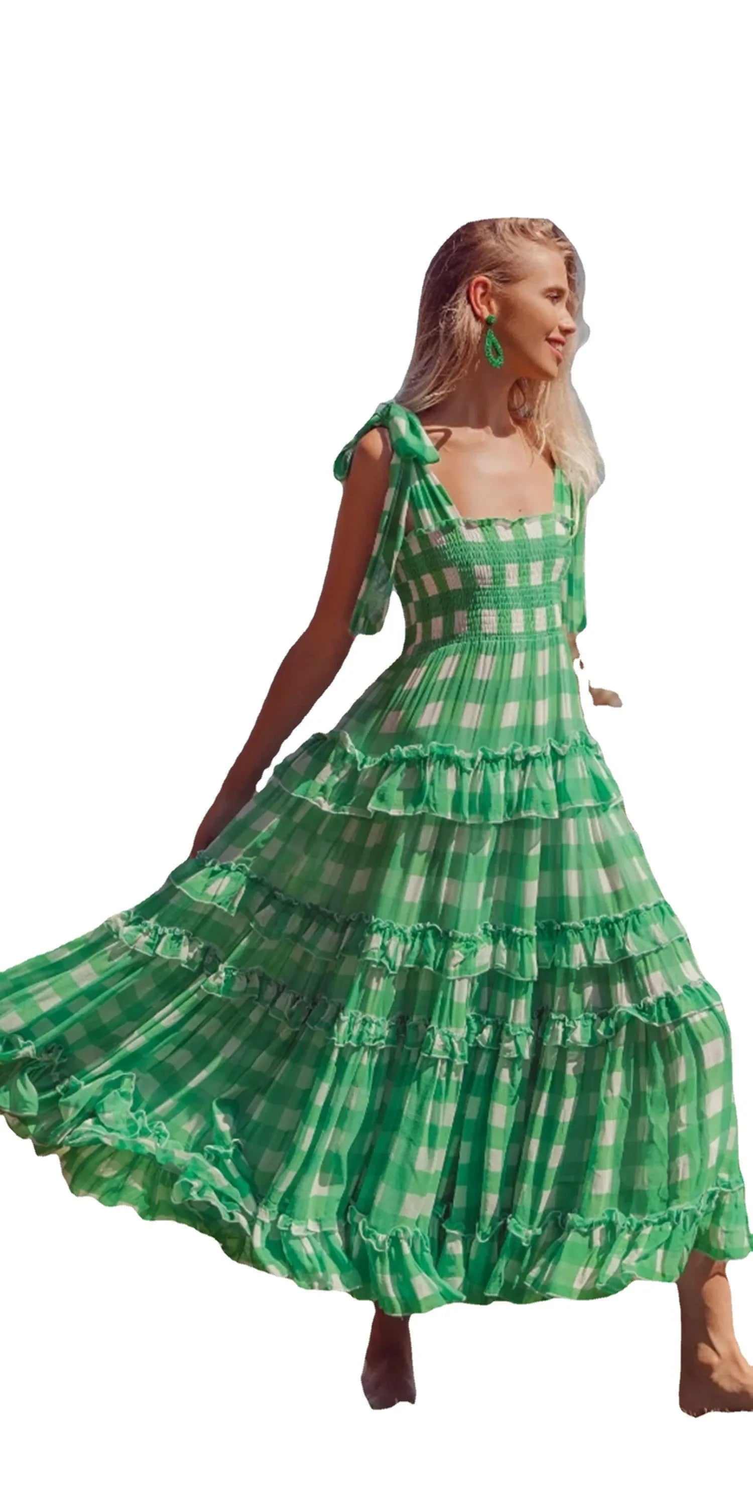 FashionSierra-Casual Square Collar Plaid for Vintage High Waist Ruffles Summer Sleeveless Long Vestidos Boho Dress