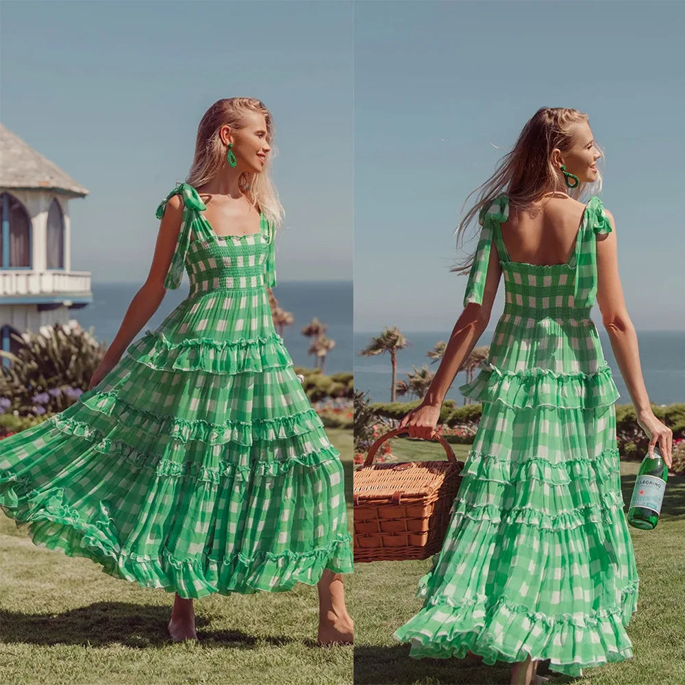 FashionSierra-Casual Square Collar Plaid for Vintage High Waist Ruffles Summer Sleeveless Long Vestidos Boho Dress