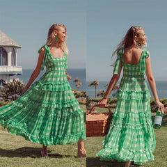 FashionSierra-Casual Square Collar Plaid for Vintage High Waist Ruffles Summer Sleeveless Long Vestidos Boho Dress