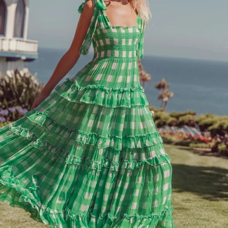 FashionSierra-Casual Square Collar Plaid for Vintage High Waist Ruffles Summer Sleeveless Long Vestidos Boho Dress